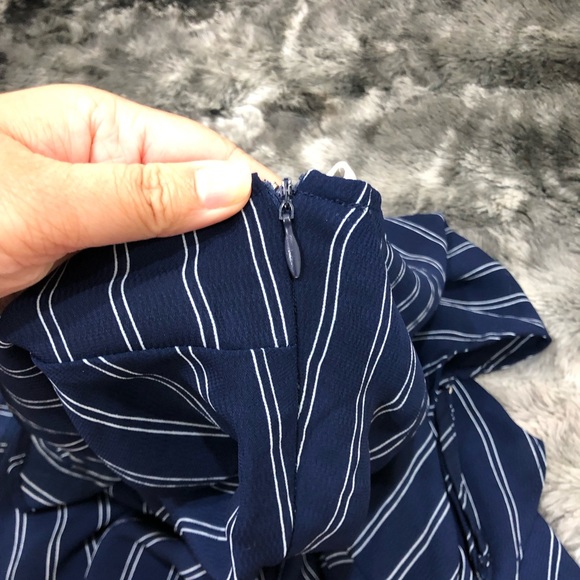 NAVY BLUE WHITE STRIPES SPAGHETTI STRAP WRAPPED BUSINESS CASUAL RUFFLE DRESS - Picture 10 of 11